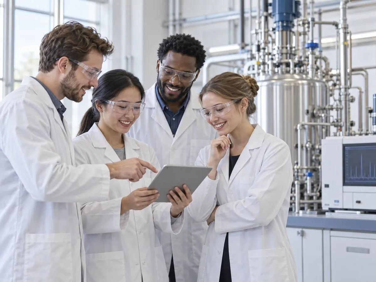 Four young engineers in safety glasses discussing results on a tablet in an R&D facility