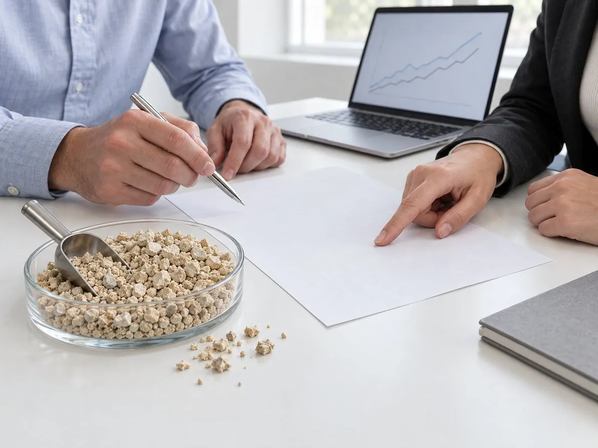 Two colleagues reviewing a specification sheet beside a dish of calcium salt granules