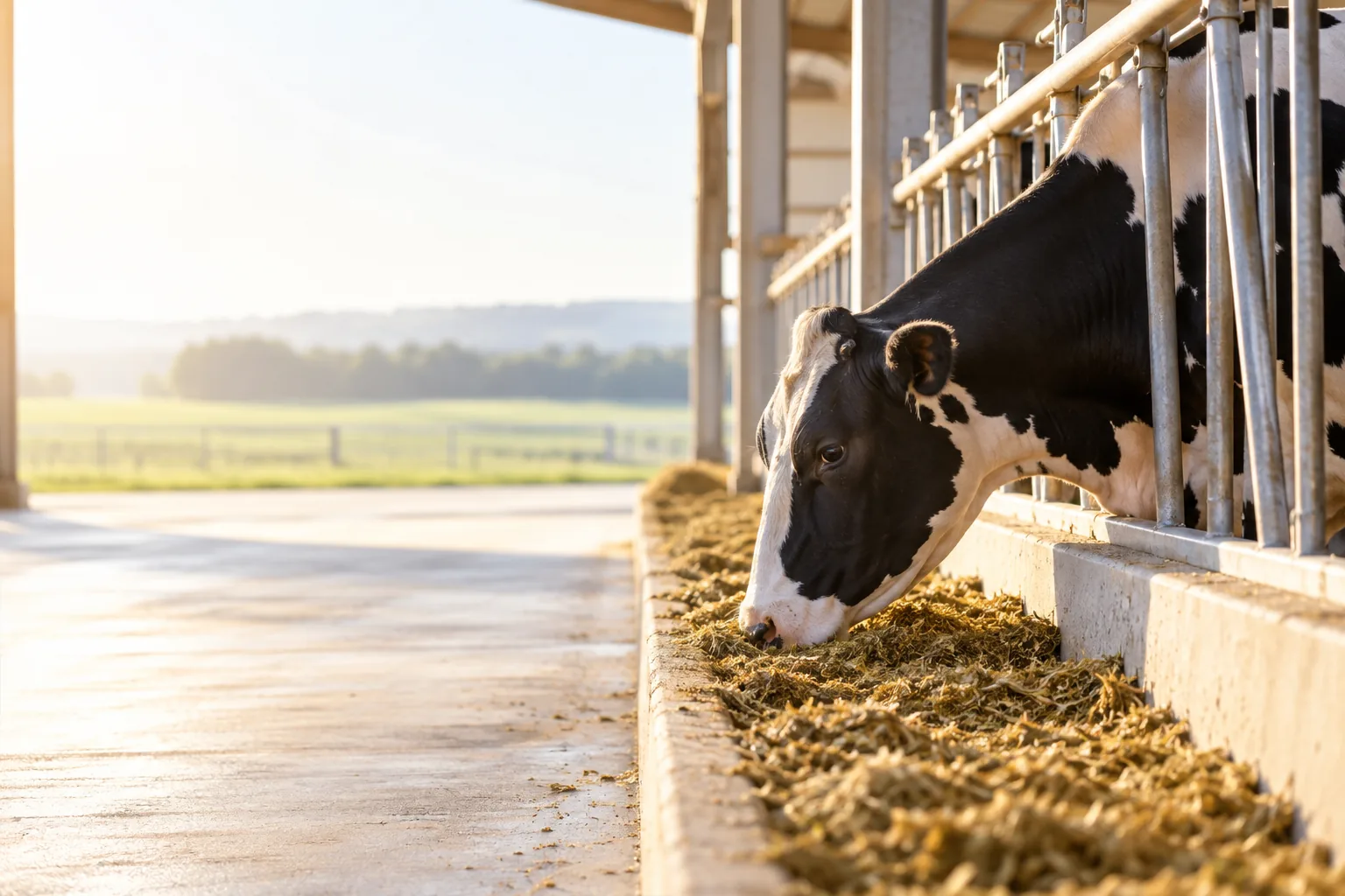 A dairy cow eating at the feed fence in morning light