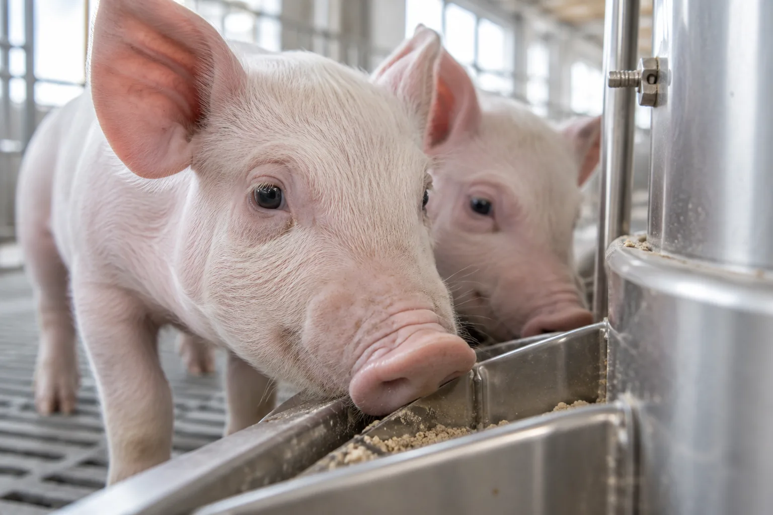 A piglet beside a round feeder