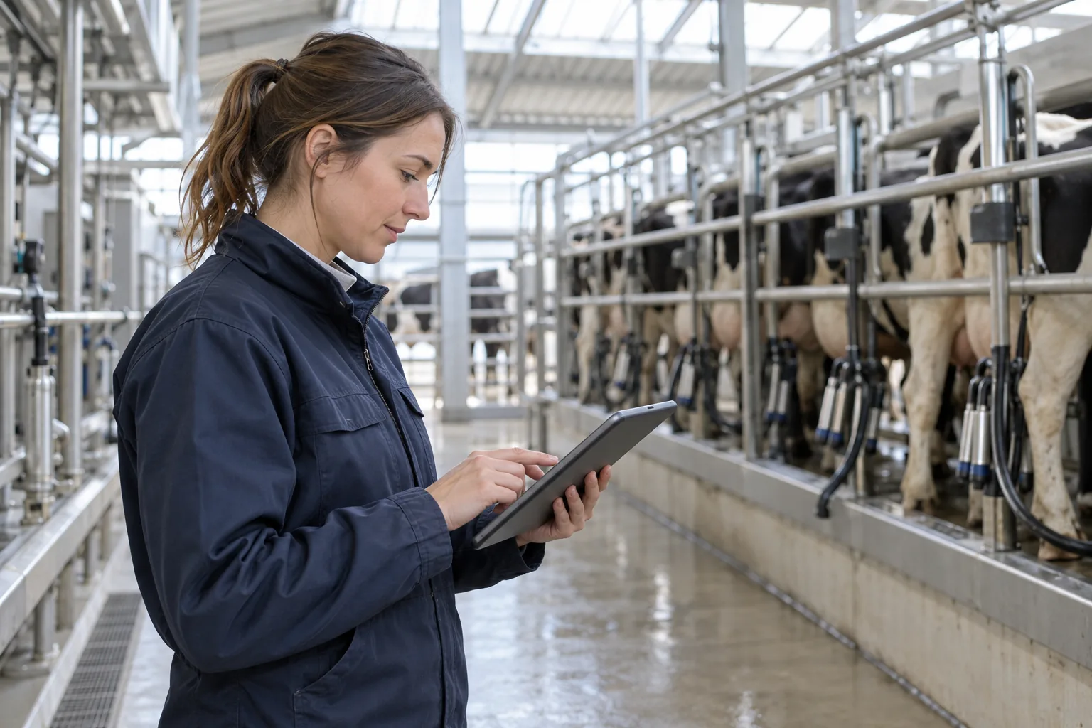 A dairy farmer holding a glass of milk up to the light