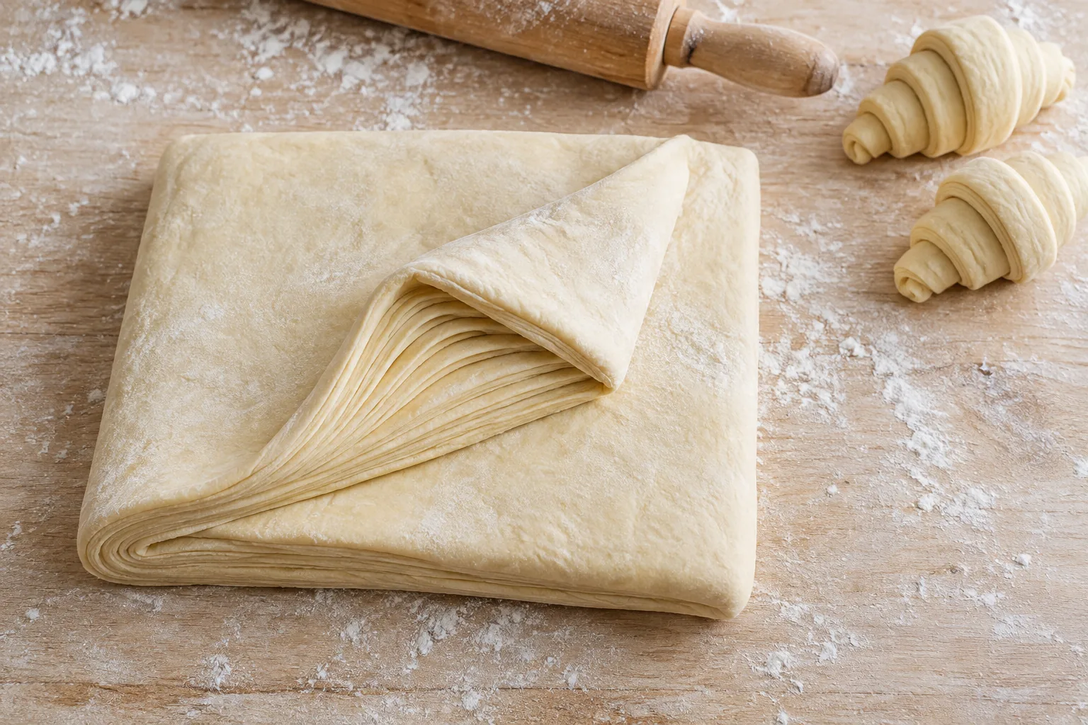 Folded laminated pastry dough showing thin layers
