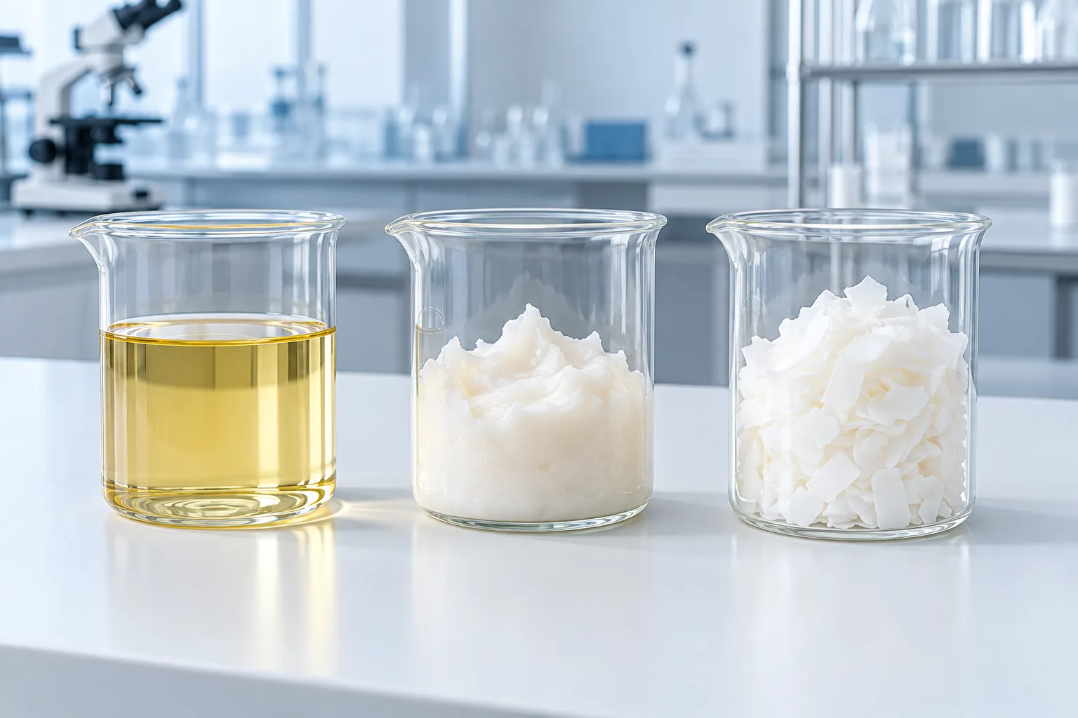 Three beakers of fatty acid in liquid, paste and flake form