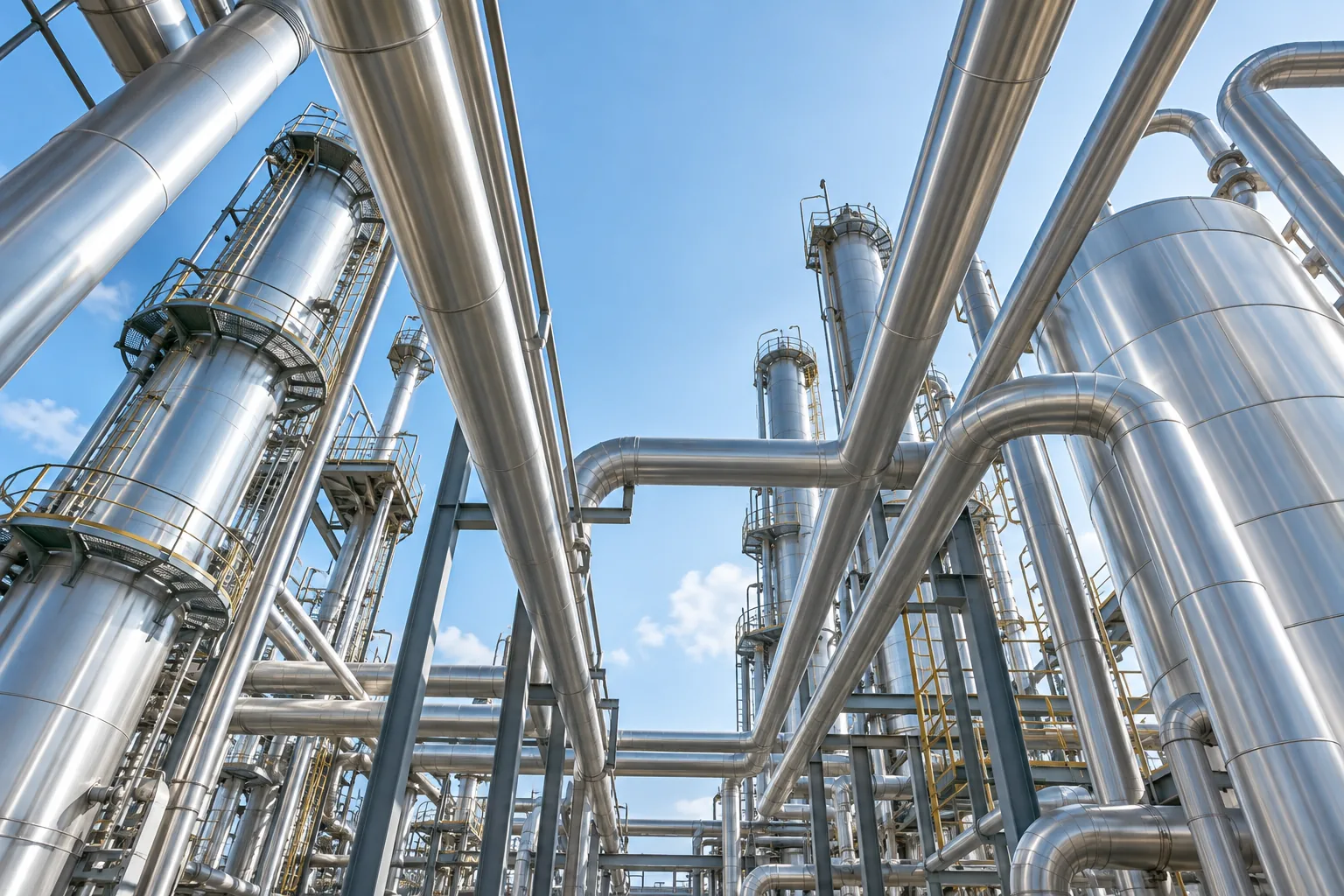 Stainless-steel columns and pipework against a blue sky