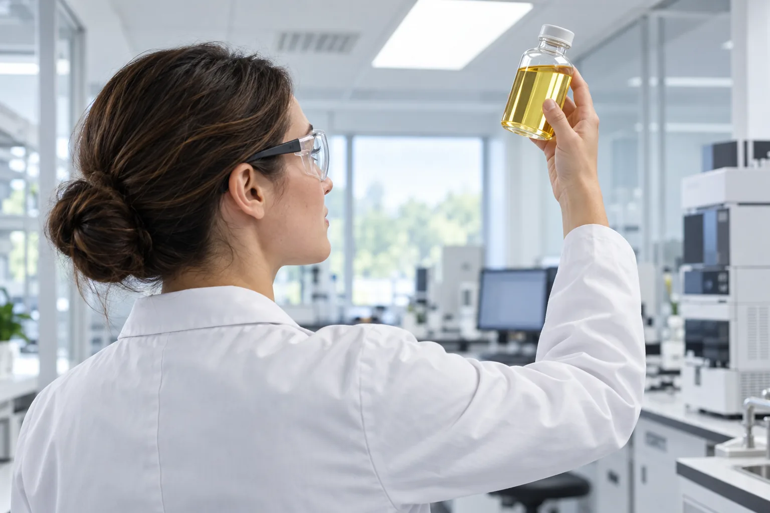A lab technician holding a sample bottle of oil up to the light