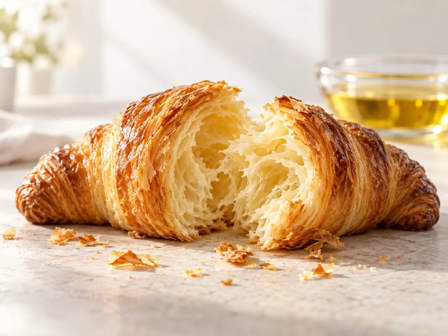 A freshly baked croissant torn open to show its fine laminated layers, with a dish of golden oil behind