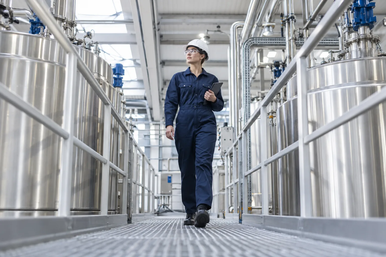 An engineer walking between stainless-steel tanks