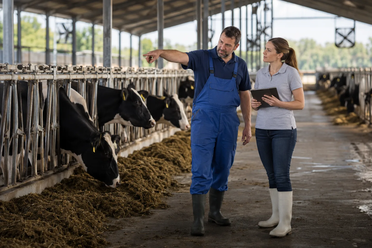 A nutritionist and a farmer discussing a ration