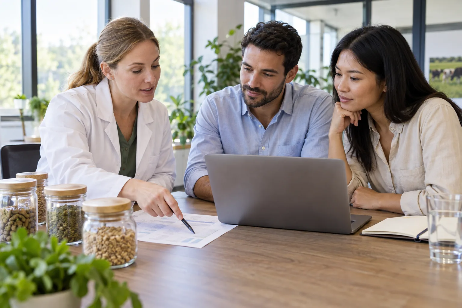 A nutritionist reviewing a ration with two colleagues