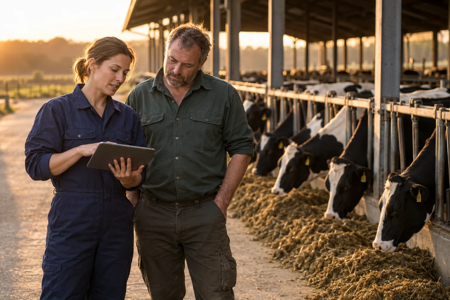 A nutritionist and a farmer at a dairy feed lane