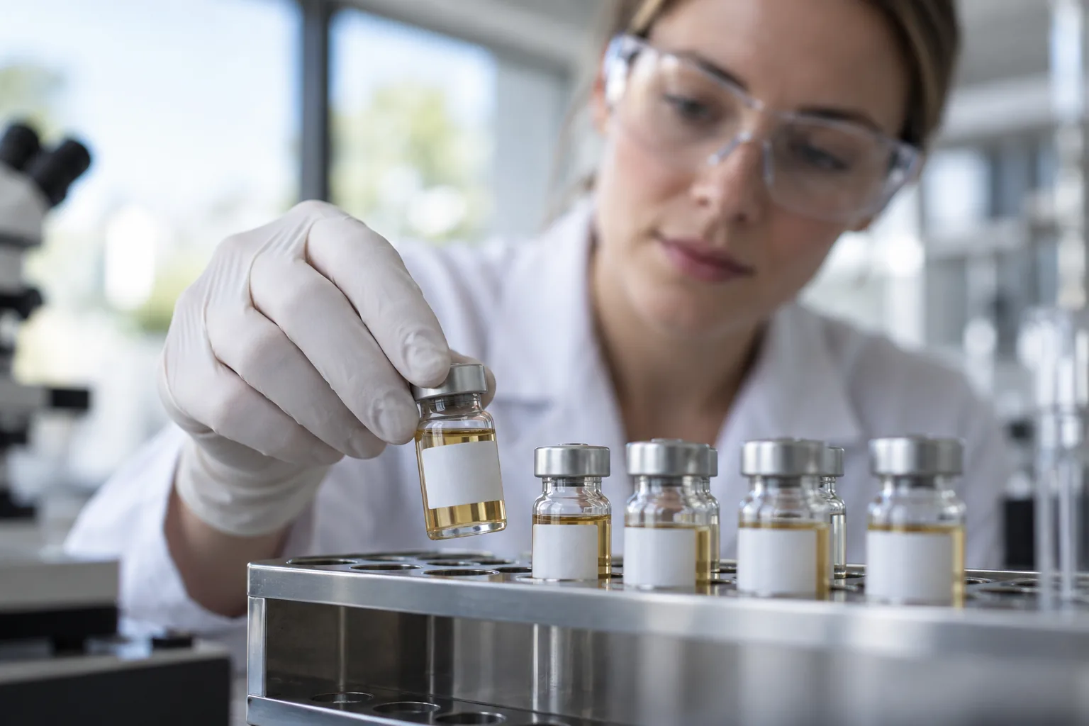 Placing golden fatty acid samples in a rack in the laboratory