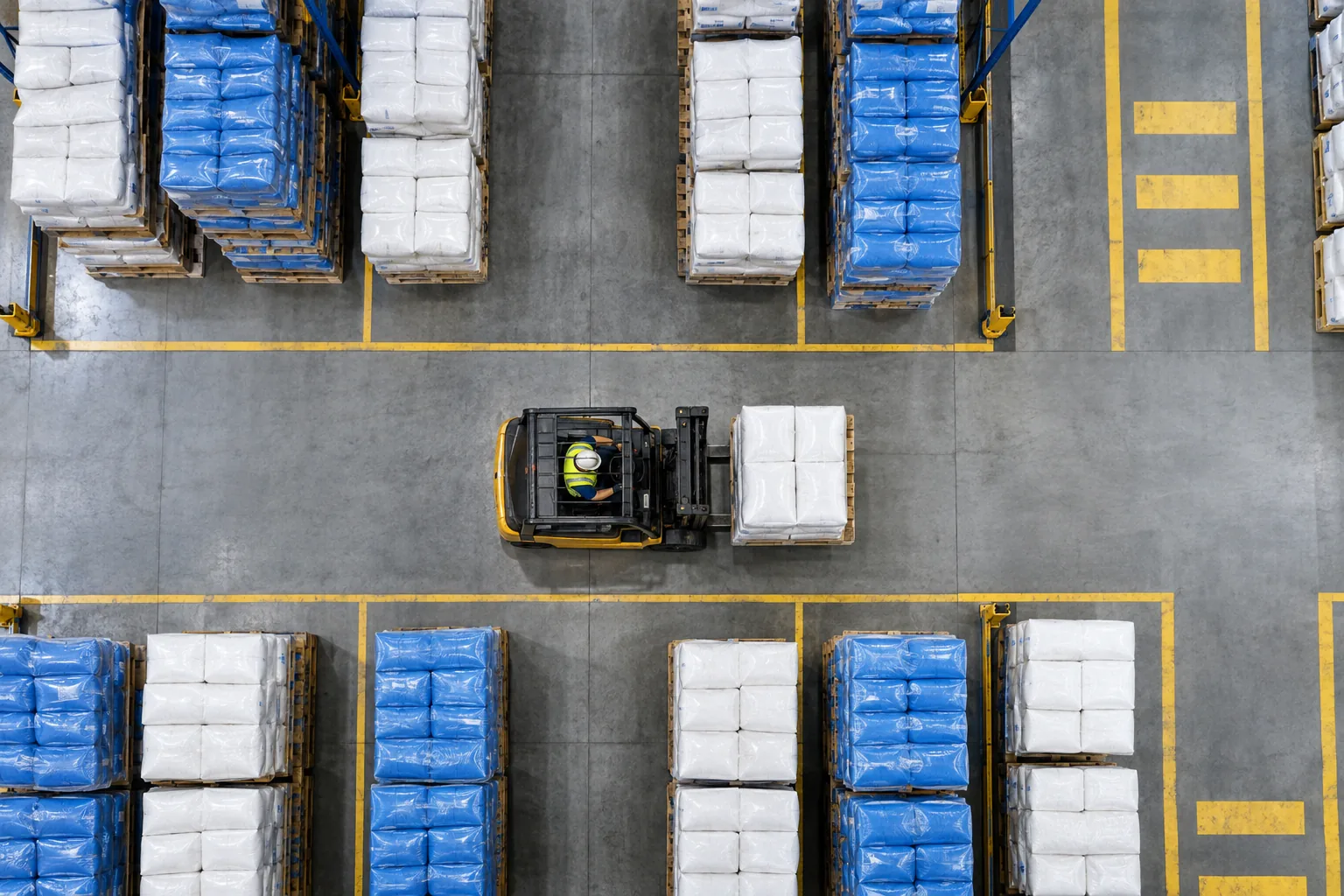 A forklift moving pallets of bags through a warehouse, seen from above