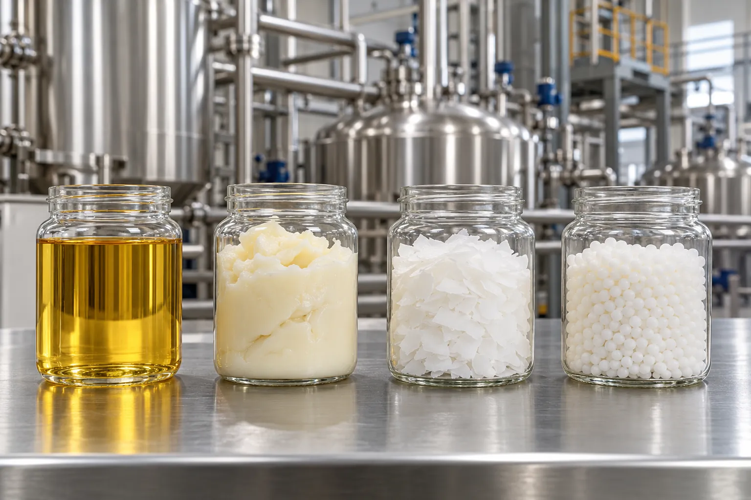 Four jars of fatty acid as liquid, paste, flakes and beads