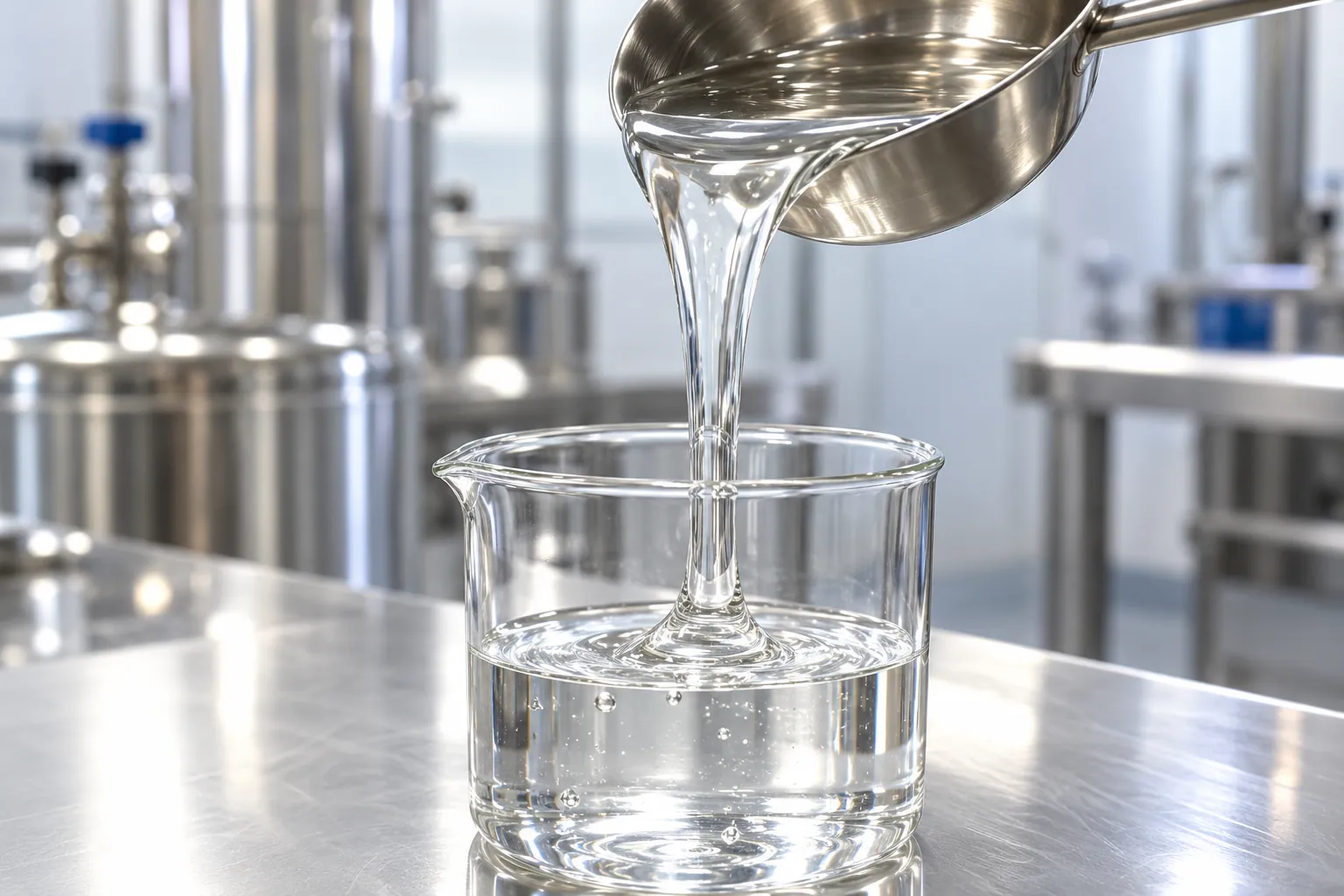Clear glycerin pouring into a glass beaker