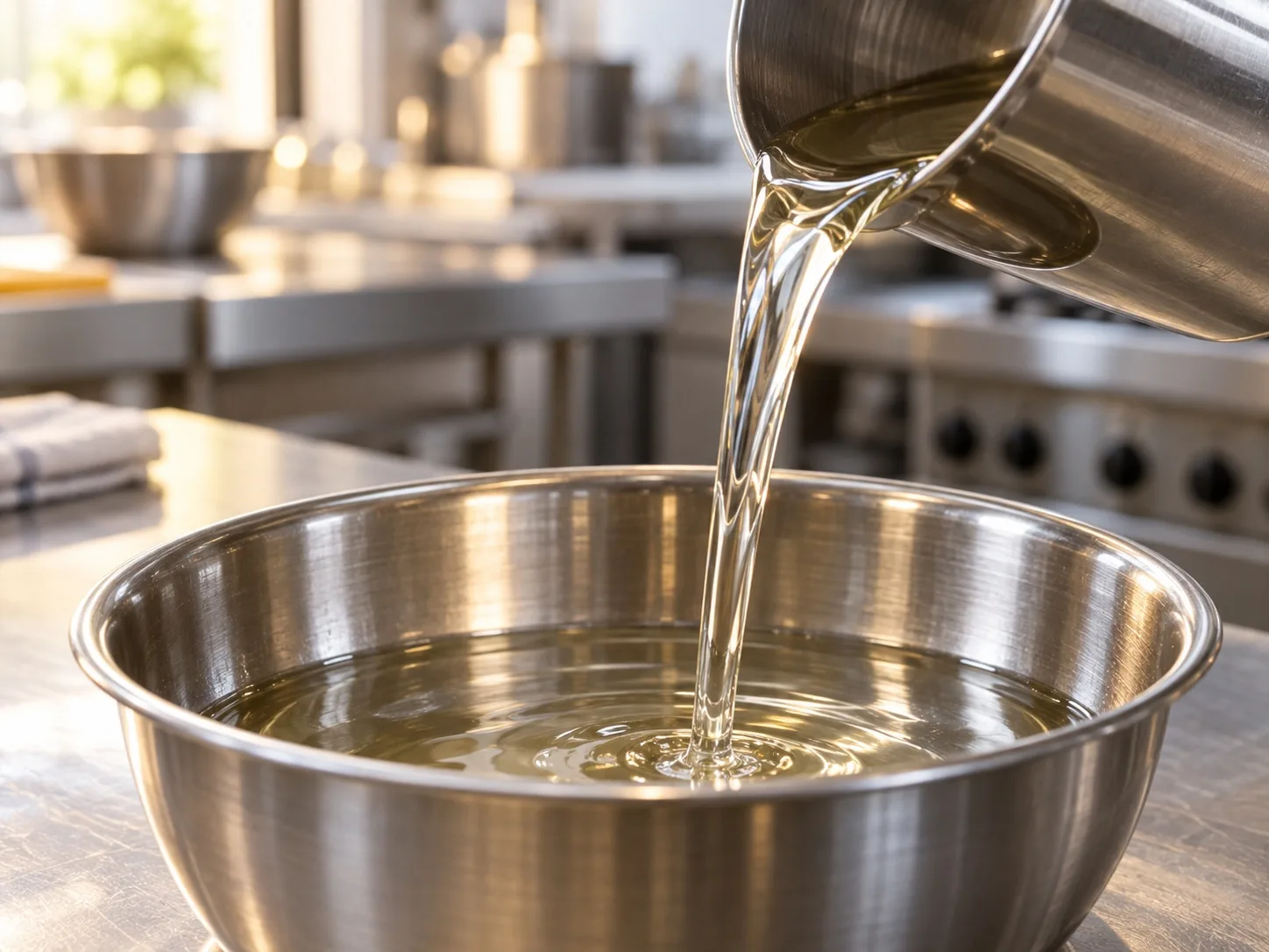 Clear coconut oil poured from a metal jug into a stainless-steel bowl