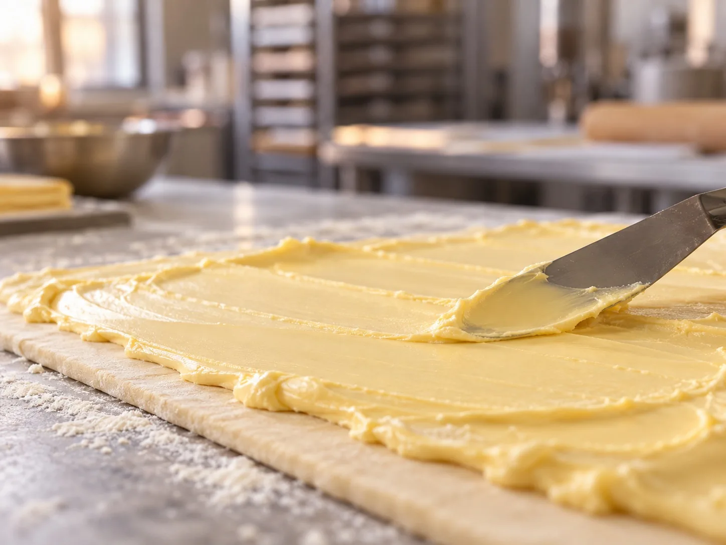 Pale golden margarine spread across pastry dough with a palette knife