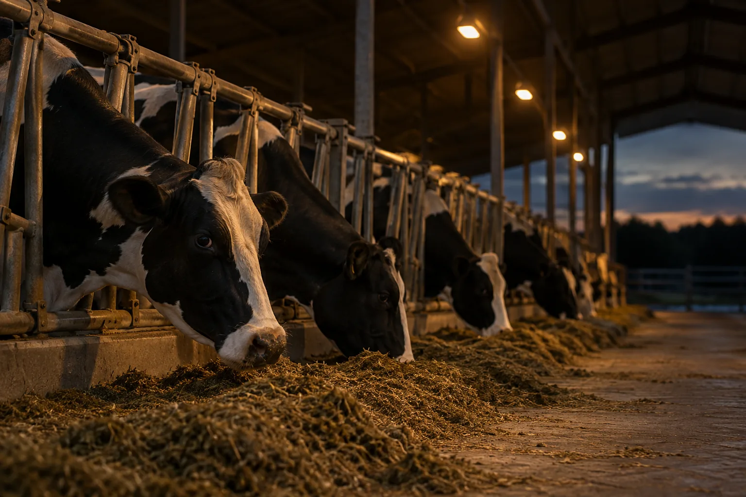 Dairy cows at the feed lane in the evening