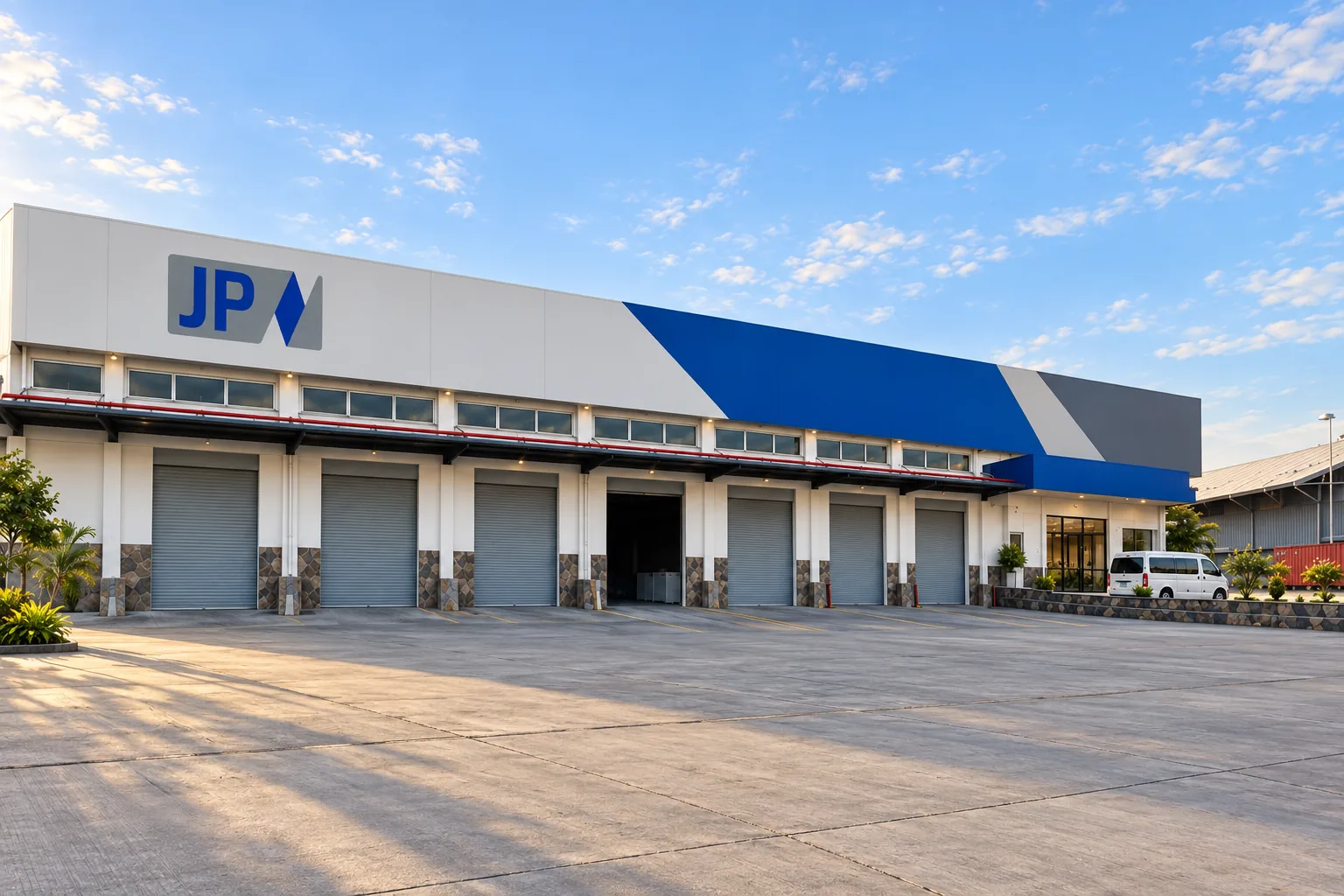 A JPN warehouse with a white, blue and grey facade under a morning sky