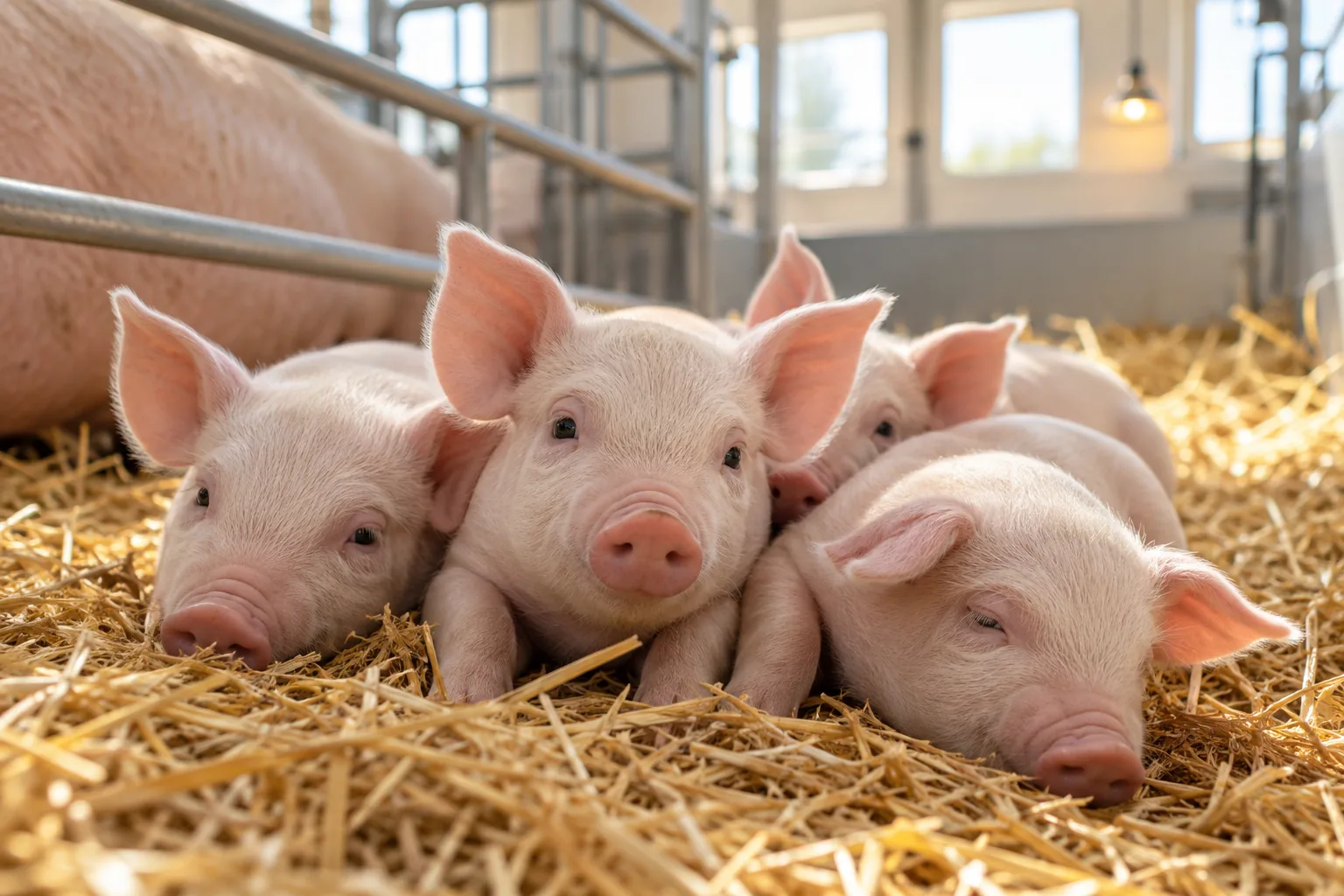 Healthy piglets resting on straw